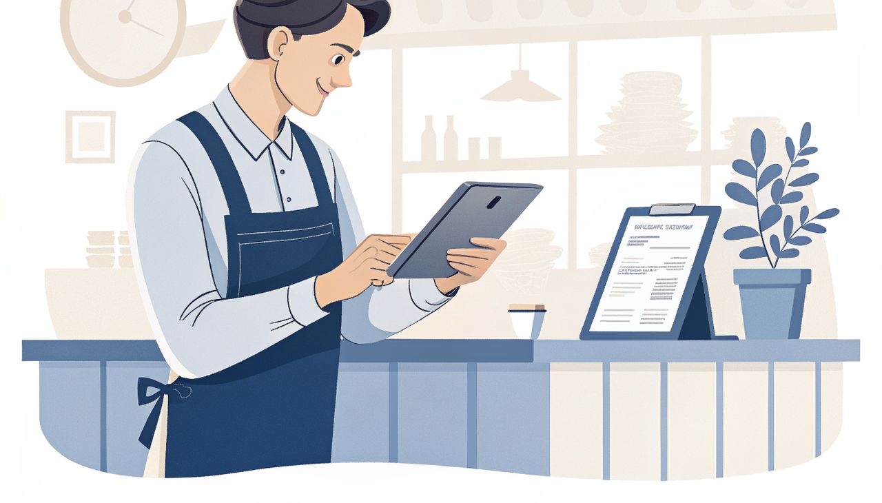 Illustration of a small business owner at a shop counter reviewing an invoice on a tablet